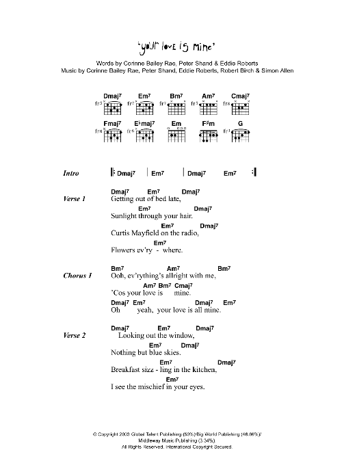 Learn to play Corinne Bailey Rae Your Love Is Mine sheet music for Guitar Chords/Lyrics in minutes. Price: 4.4900$ Corinne Bailey Rae Your Love Is Mine sheet music notes and chords arranged for Guitar Chords/Lyrics