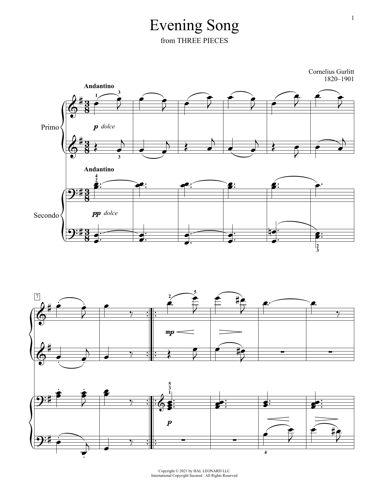Learn to play Cornelius Gurlitt Evening Song (From Three Pieces) sheet music for Piano Duet in minutes. Price: 7.8900$ Cornelius Gurlitt Evening Song (From Three Pieces) sheet music notes and chords arranged for Piano Duet