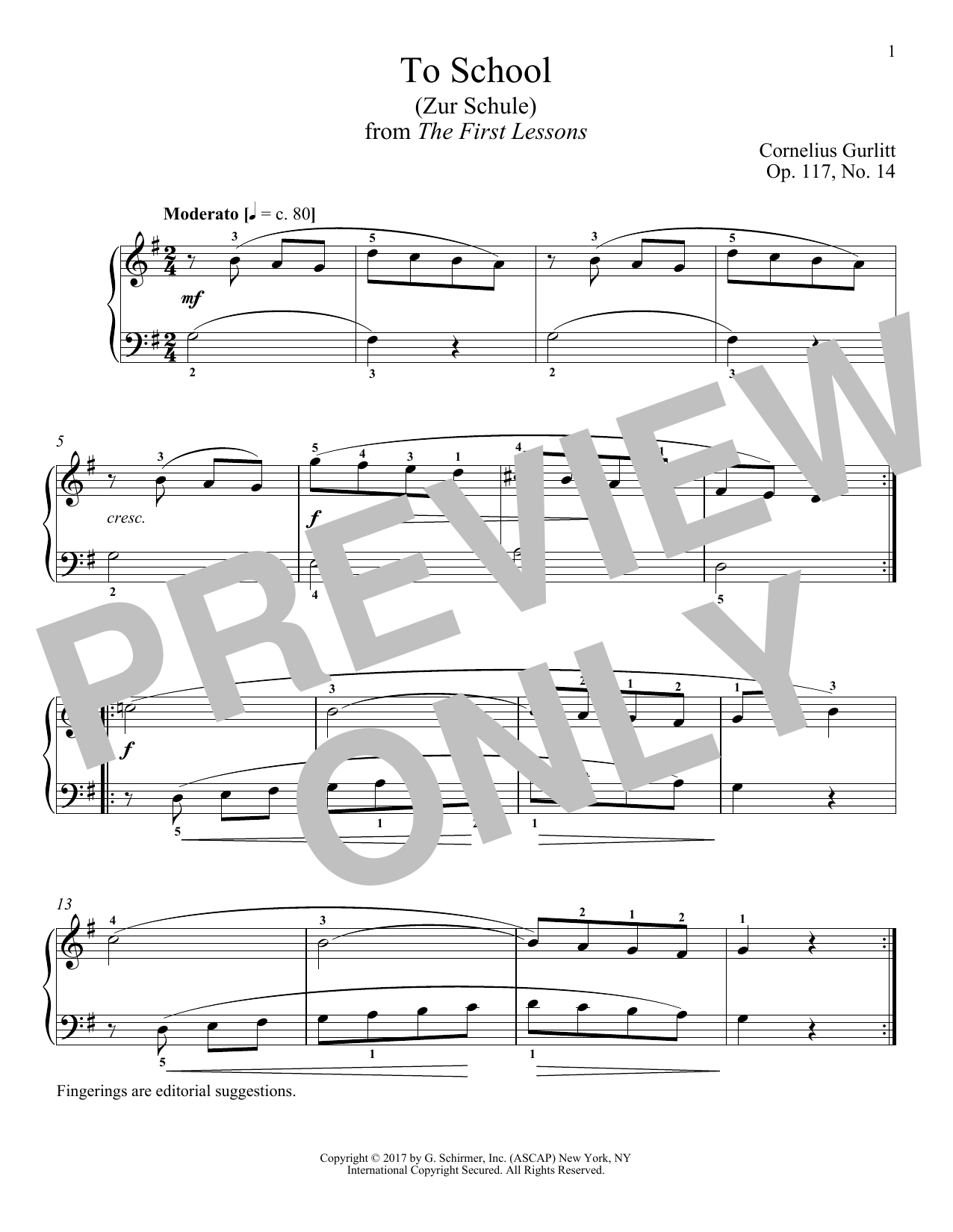Learn to play Cornelius Gurlitt To School (Zur Schule), Op. 117, No. 14 sheet music for Piano Solo in minutes. Price: 7.8900$ Cornelius Gurlitt To School (Zur Schule), Op. 117, No. 14 sheet music notes and chords arranged for Piano Solo