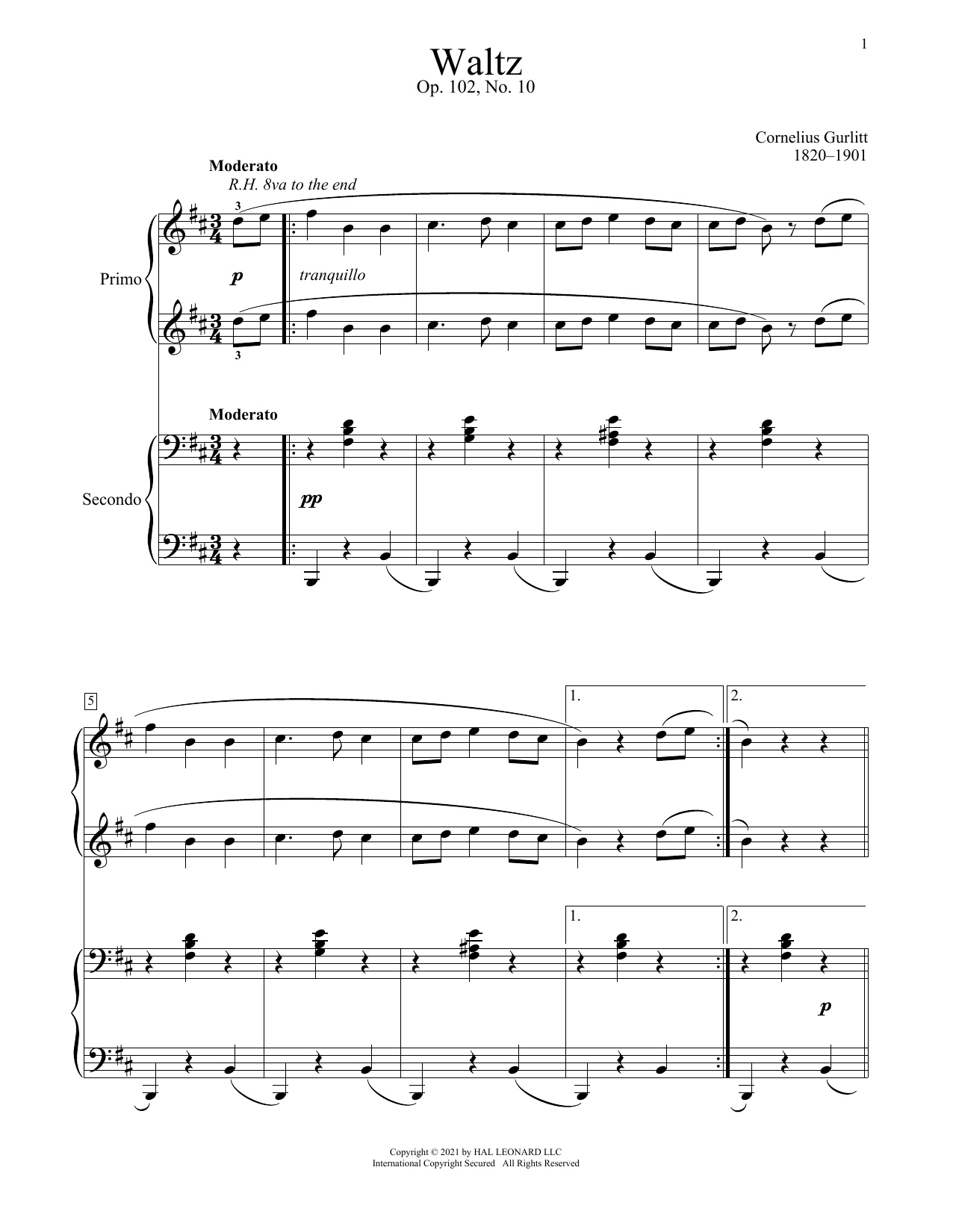 Learn to play Cornelius Gurlitt Waltz, Op. 102, No. 10 sheet music for Piano Duet in minutes. Price: 7.8900$ Cornelius Gurlitt Waltz, Op. 102, No. 10 sheet music notes and chords arranged for Piano Duet