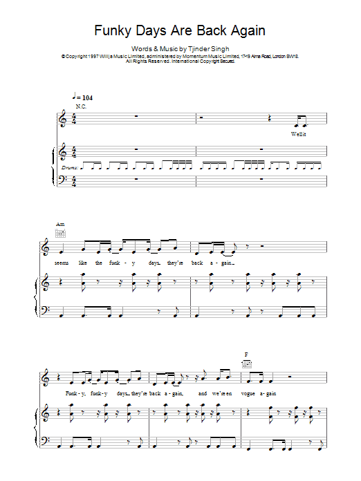 Learn to play Cornershop Funky Days Are Back Again sheet music for Piano, Vocal & Guitar Chords in minutes. Price: 7.8900$ Cornershop Funky Days Are Back Again sheet music notes and chords arranged for Piano, Vocal & Guitar Chords