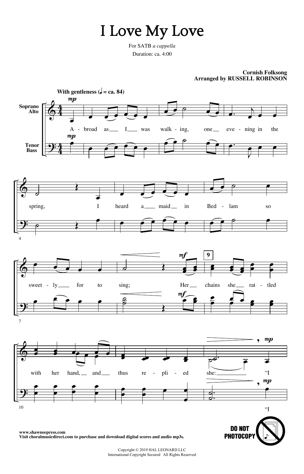 Cornish Folksong I Love My Love (arr. Russell Robinson) sheet music notes and chords. Download Printable PDF.