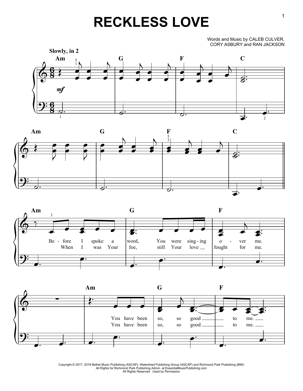 Cory Asbury Reckless Love sheet music notes and chords. Download Printable PDF.