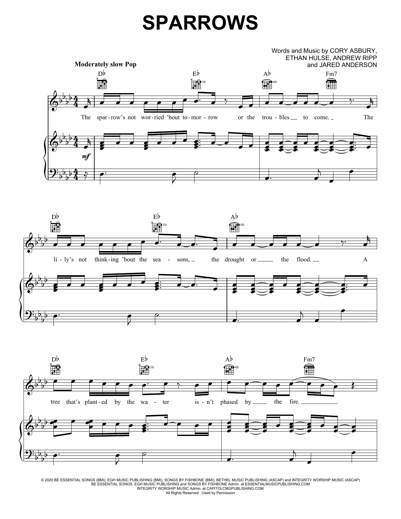 Learn to play Cory Asbury Sparrows sheet music for Piano, Vocal & Guitar Chords (Right-Hand Melody) in minutes. Price: 6.9900$ Cory Asbury Sparrows sheet music notes and chords arranged for Piano, Vocal & Guitar Chords (Right-Hand Melody)