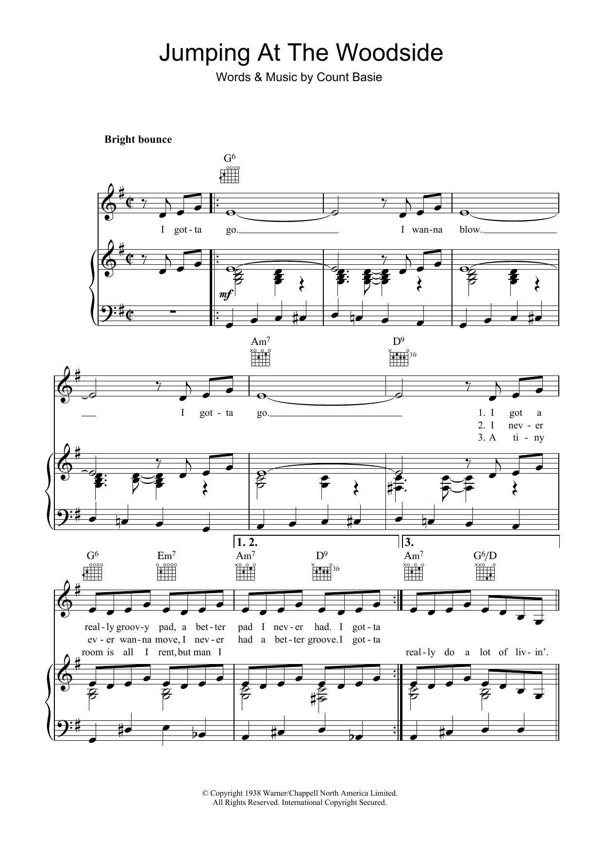 Count Basie Jumping At The Woodside sheet music notes and chords arranged for Piano, Vocal & Guitar Chords