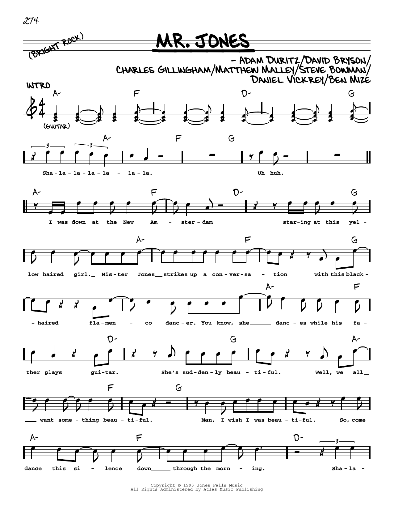 Counting Crows Mr. Jones sheet music notes and chords. Download Printable PDF.