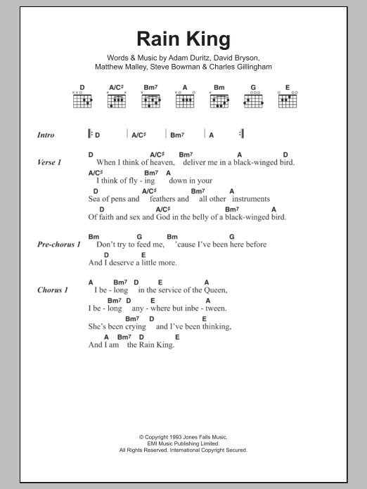 Counting Crows Rain King sheet music notes and chords arranged for Guitar Chords/Lyrics