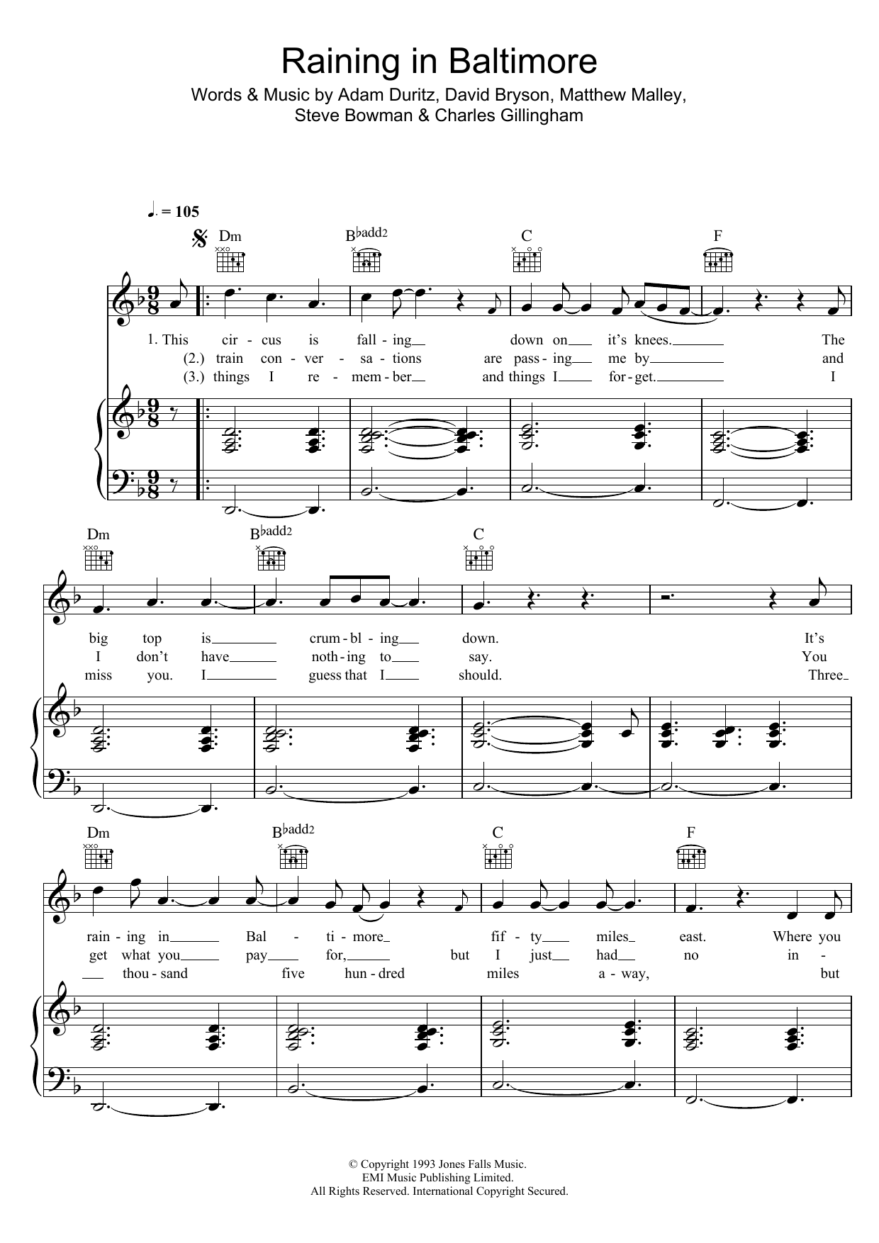 Counting Crows Raining In Baltimore sheet music notes and chords. Download Printable PDF.