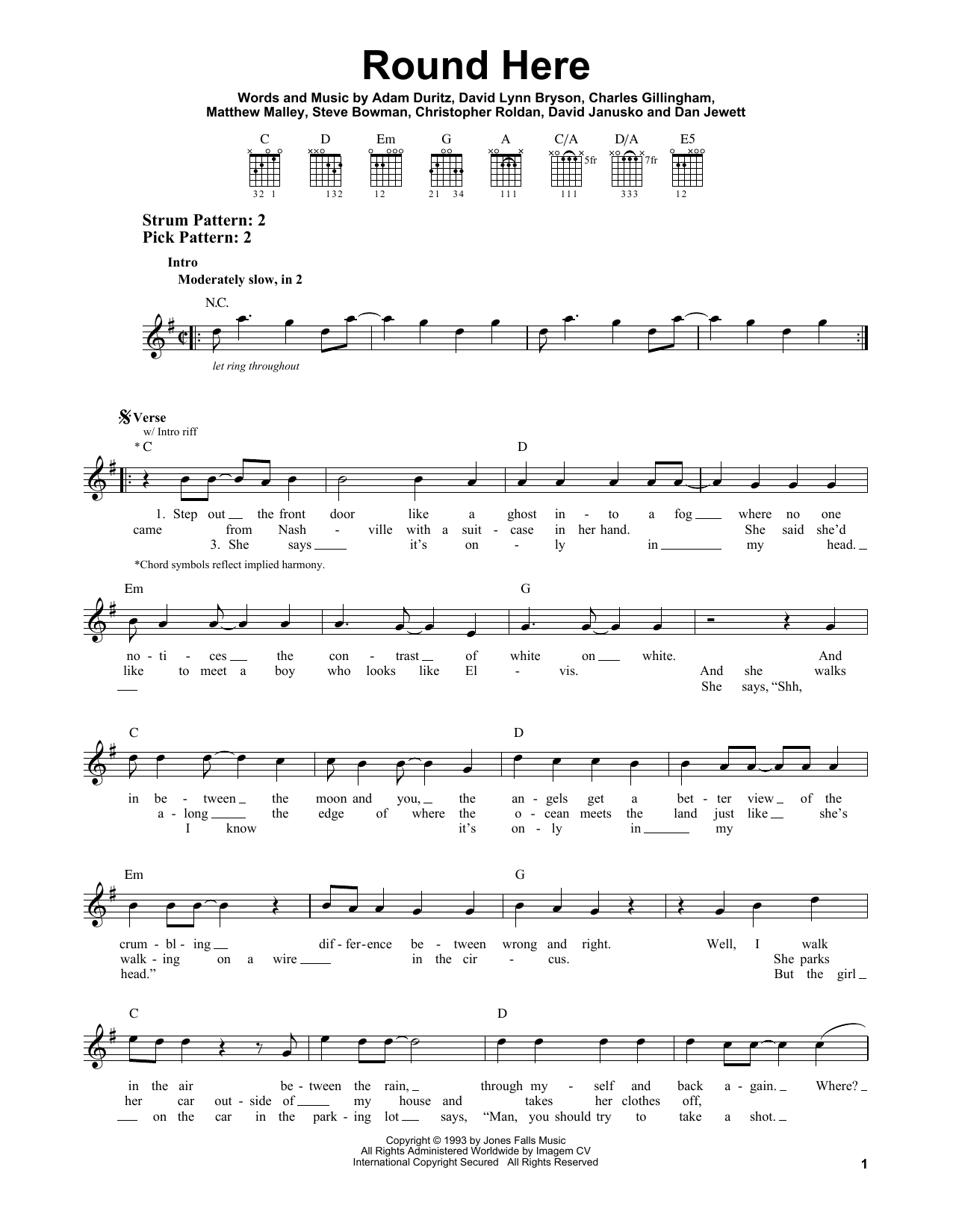 Counting Crows Round Here sheet music notes and chords. Download Printable PDF.