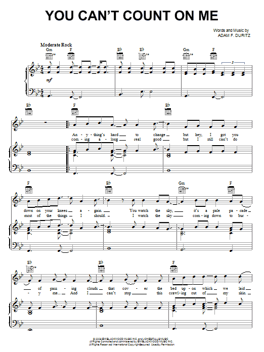 Learn to play Counting Crows You Can't Count On Me sheet music for Piano, Vocal & Guitar Chords (Right-Hand Melody) in minutes. Price: 7.8900$ Counting Crows You Can't Count On Me sheet music notes and chords arranged for Piano, Vocal & Guitar Chords (Right-Hand Melody)