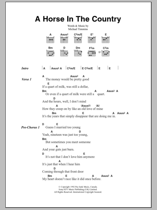 Cowboy Junkies A Horse In The Country sheet music notes and chords. Download Printable PDF.