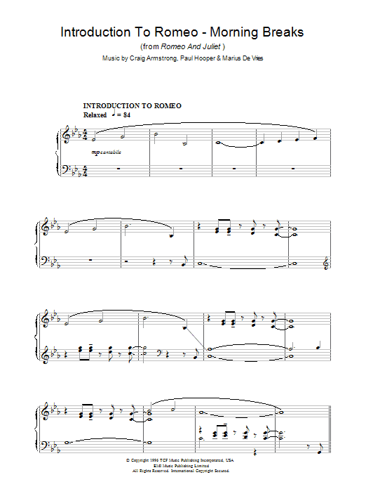 Learn to play Craig Armstrong Introduction To Romeo - Morning Breaks (from Romeo And Juliet) sheet music for Piano Solo in minutes. Price: 7.8900$ Craig Armstrong Introduction To Romeo - Morning Breaks (from Romeo And Juliet) sheet music notes and chords arranged for Piano Solo