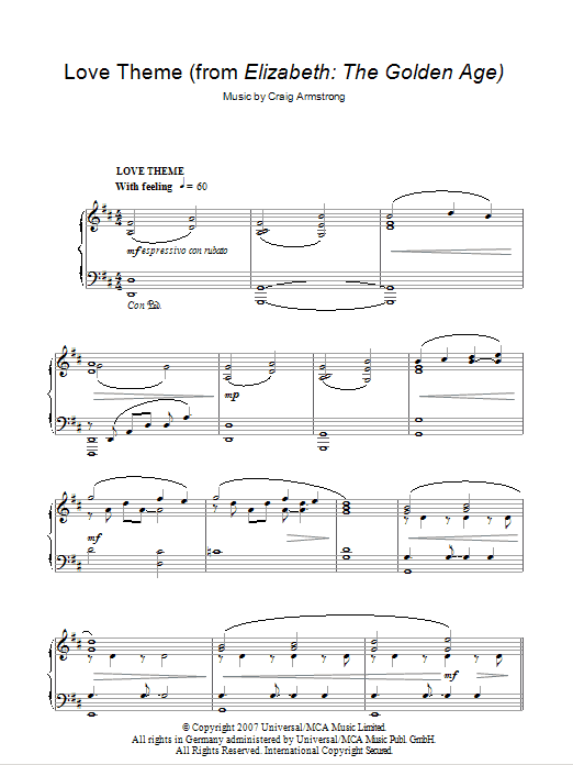 Craig Armstrong Love Theme (from Elizabeth: The Golden Age) sheet music notes and chords arranged for Piano Solo