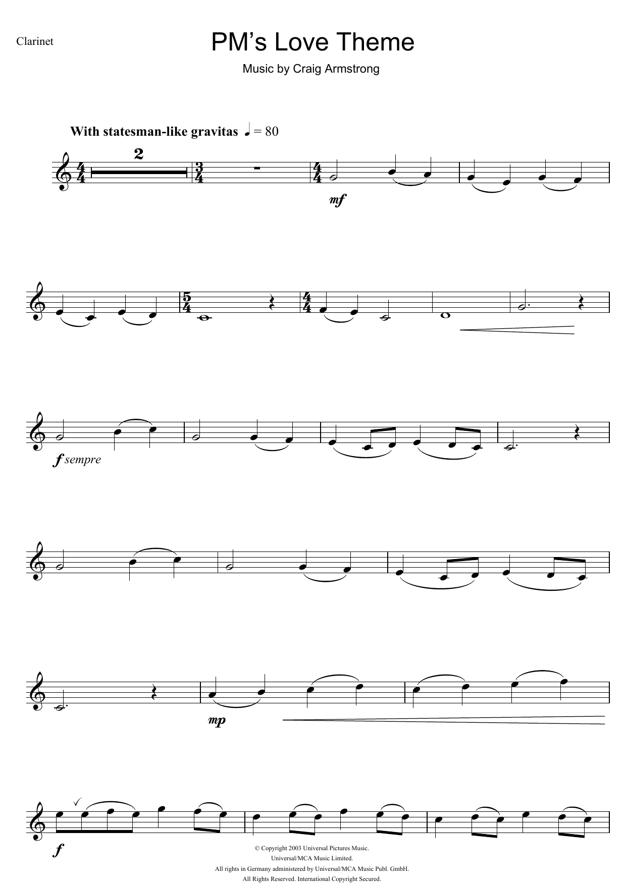 Craig Armstrong P.M.'s Love Theme (from Love Actually) sheet music notes and chords. Download Printable PDF.