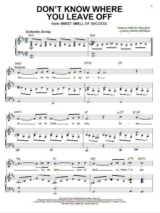 Learn to play Craig Carnelia Don't Know Where You Leave Off sheet music for Piano & Vocal in minutes. Price: 7.8900$ Craig Carnelia Don't Know Where You Leave Off sheet music notes and chords arranged for Piano & Vocal