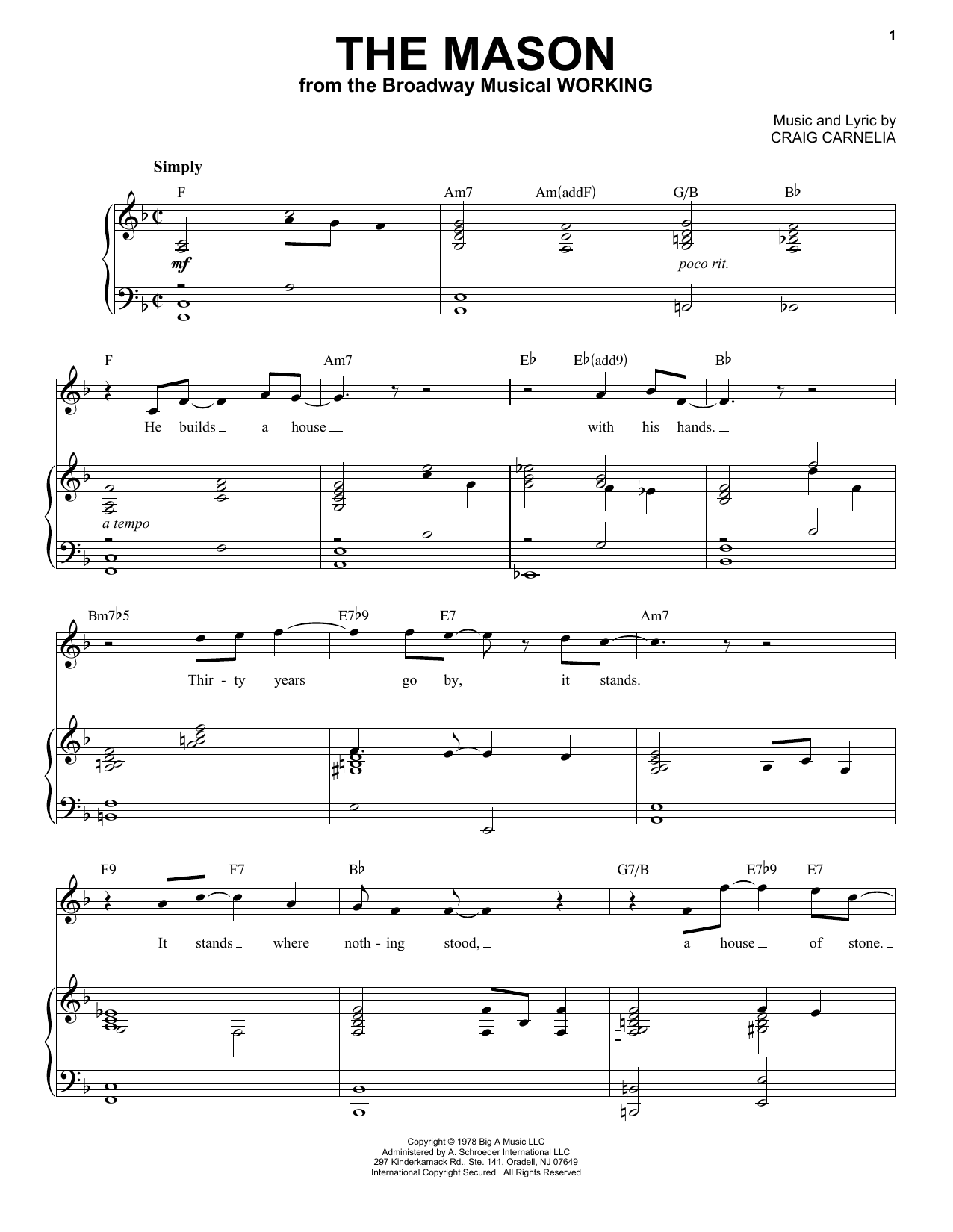 Learn to play Craig Carnelia The Mason sheet music for Piano & Vocal in minutes. Price: 7.8900$ Craig Carnelia The Mason sheet music notes and chords arranged for Piano & Vocal