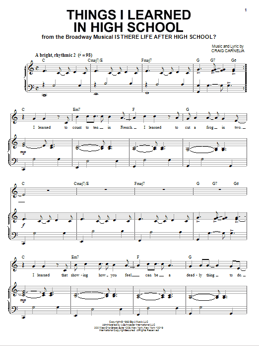 Learn to play Craig Carnelia Things I Learned In High School sheet music for Piano & Vocal in minutes. Price: 7.8900$ Craig Carnelia Things I Learned In High School sheet music notes and chords arranged for Piano & Vocal