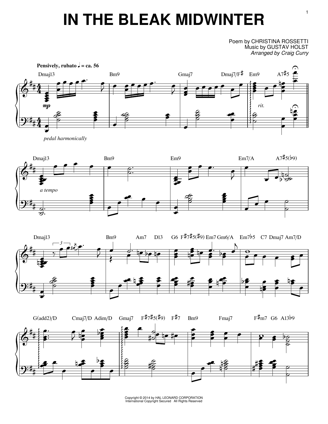 Craig Curry In The Bleak Midwinter sheet music notes and chords. Download Printable PDF.