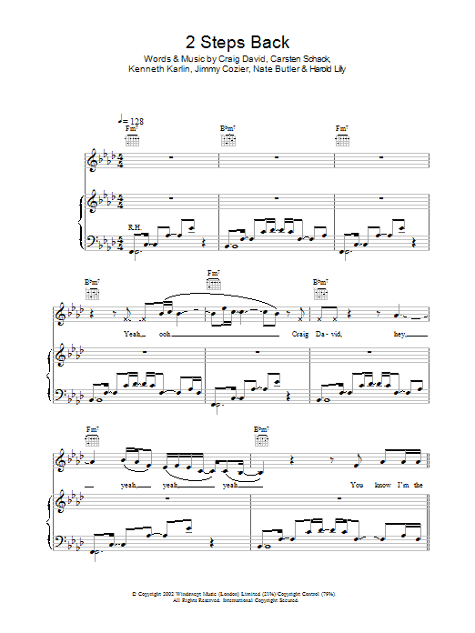 Learn to play Craig David 2 Steps Back sheet music for Piano, Vocal & Guitar Chords in minutes. Price: 7.8900$ Craig David 2 Steps Back sheet music notes and chords arranged for Piano, Vocal & Guitar Chords