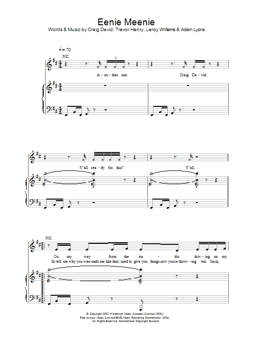 Craig David Eenie Meenie sheet music notes and chords arranged for Piano, Vocal & Guitar Chords