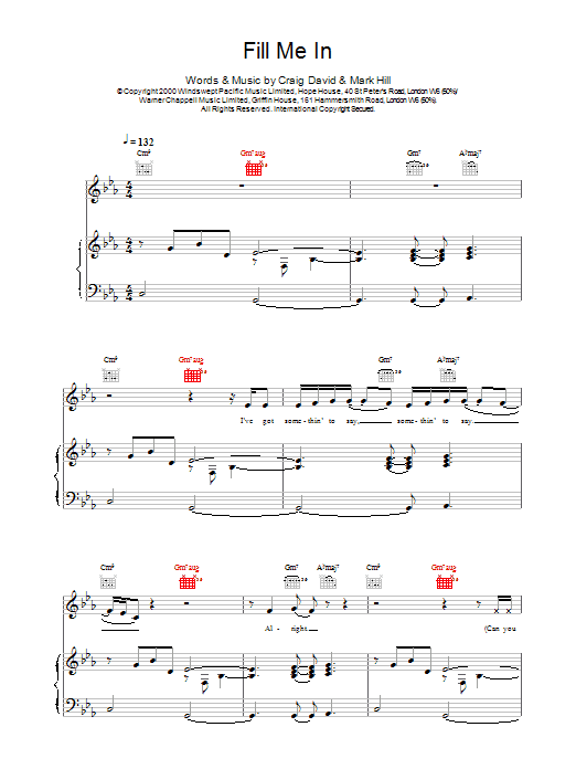 Craig David Fill Me In sheet music notes and chords arranged for Piano, Vocal & Guitar Chords