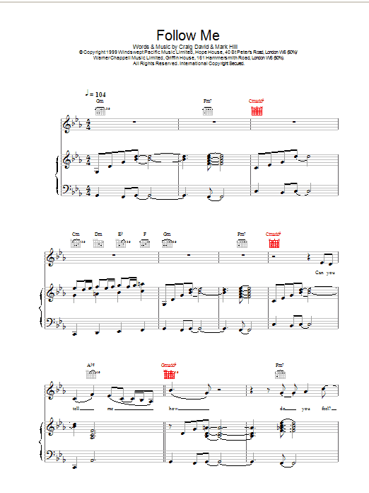 Craig David Follow Me sheet music notes and chords arranged for Piano, Vocal & Guitar Chords