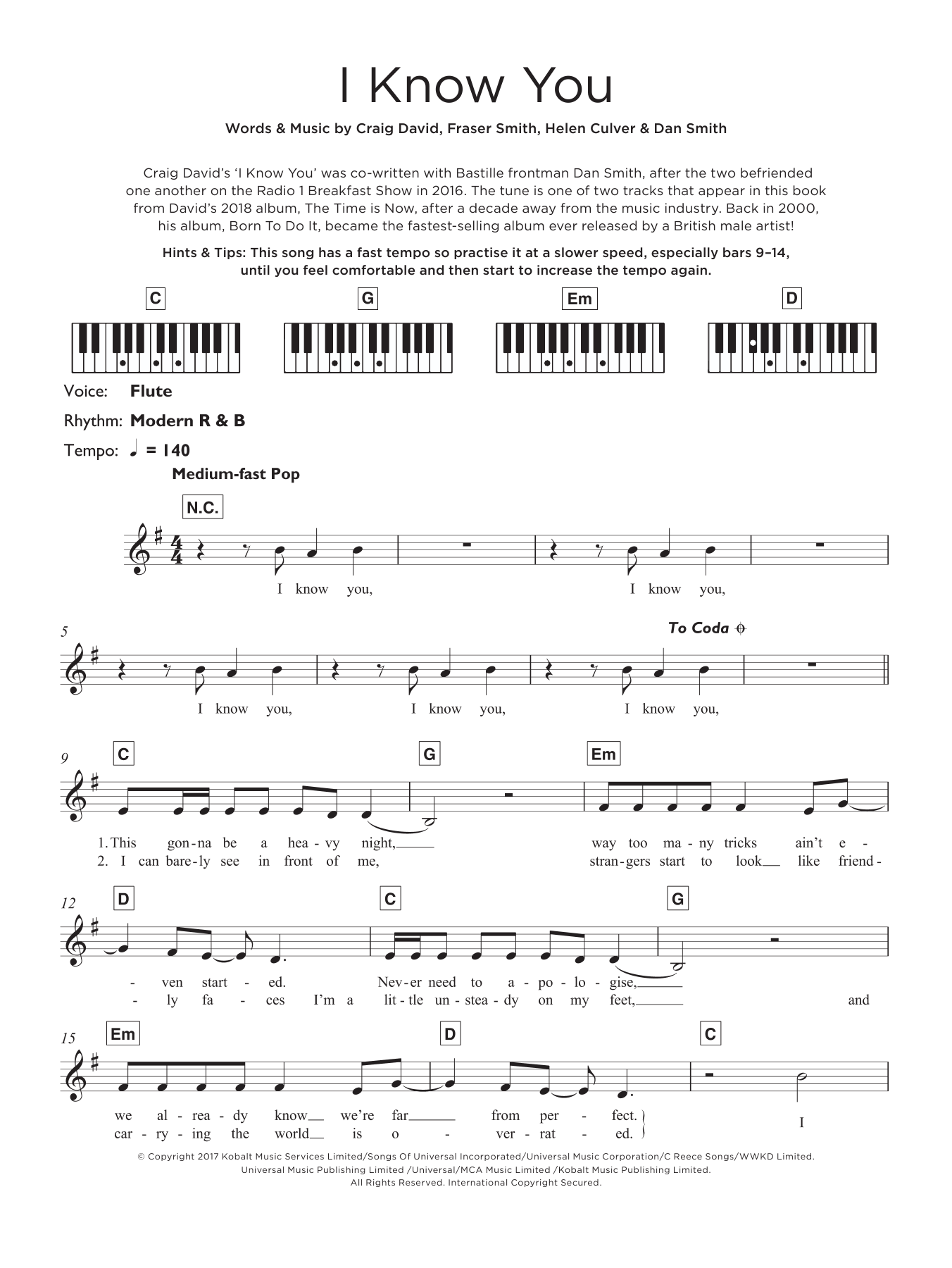 Craig David I Know You (feat. Bastille) sheet music notes and chords. Download Printable PDF.