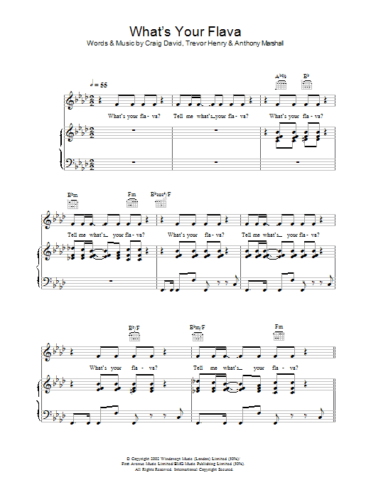 Learn to play Craig David What's Your Flava sheet music for Piano, Vocal & Guitar Chords in minutes. Price: 7.8900$ Craig David What's Your Flava sheet music notes and chords arranged for Piano, Vocal & Guitar Chords