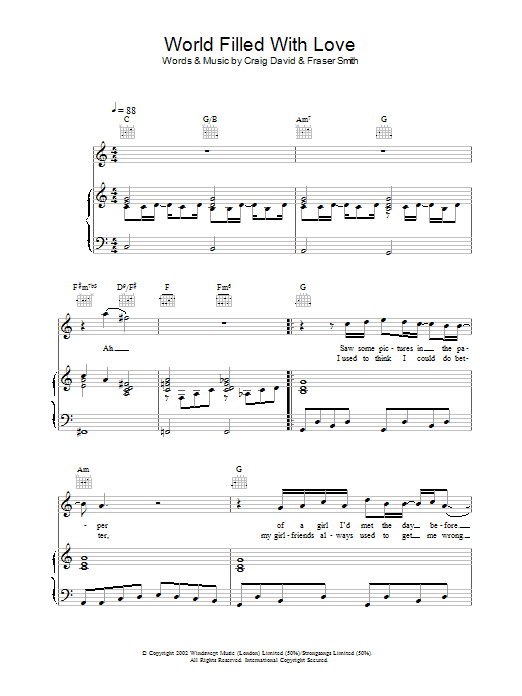 Learn to play Craig David World Filled With Love sheet music for Piano, Vocal & Guitar Chords in minutes. Price: 7.8900$ Craig David World Filled With Love sheet music notes and chords arranged for Piano, Vocal & Guitar Chords
