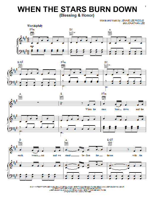 Phillips, Craig & Dean When The Stars Burn Down (Blessing And Honor) sheet music notes and chords arranged for Piano, Vocal & Guitar Chords (Right-Hand Melody)
