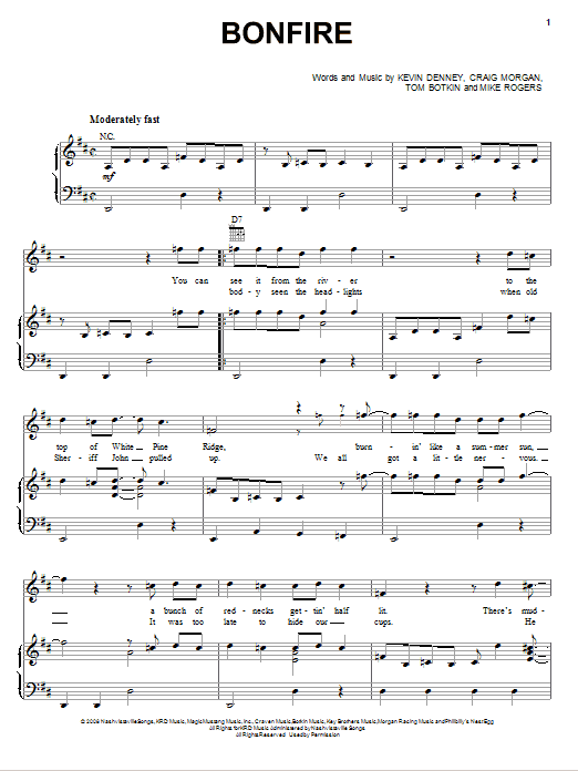 Learn to play Craig Morgan Bonfire sheet music for Piano, Vocal & Guitar Chords (Right-Hand Melody) in minutes. Price: 7.8900$ Craig Morgan Bonfire sheet music notes and chords arranged for Piano, Vocal & Guitar Chords (Right-Hand Melody)