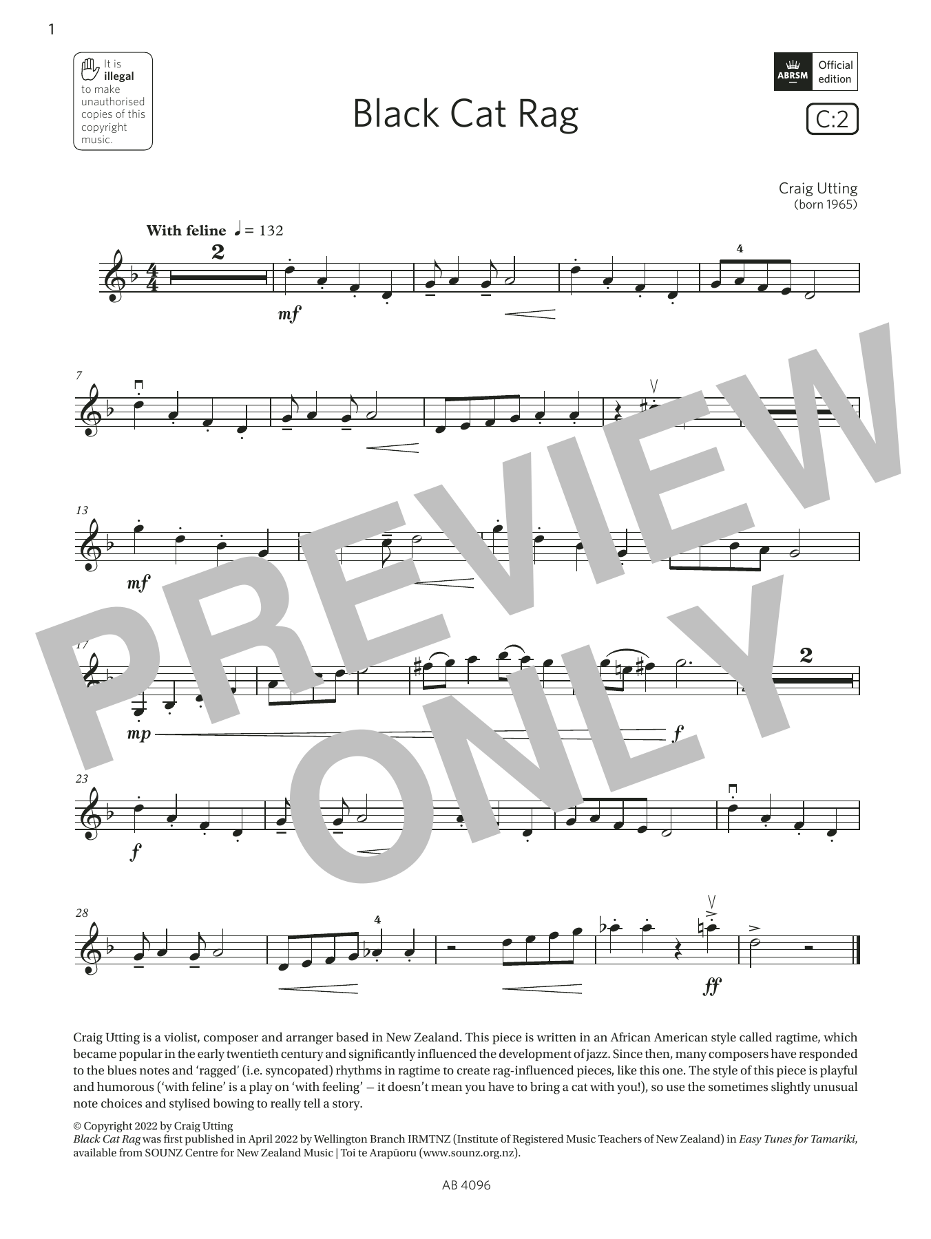 Craig Utting Black Cat Rag (Grade 2, C2, from the ABRSM Violin Syllabus from 2024) sheet music notes and chords. Download Printable PDF.