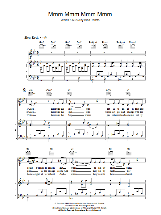 Crash Test Dummies Mmm Mmm Mmm Mmm sheet music notes and chords. Download Printable PDF.