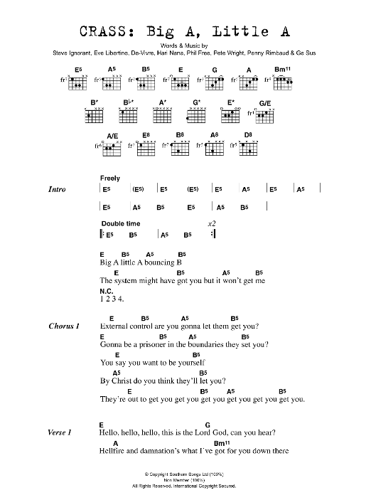 Learn to play Crass Big A Little A sheet music for Guitar Chords/Lyrics in minutes. Price: 4.4900$ Crass Big A Little A sheet music notes and chords arranged for Guitar Chords/Lyrics