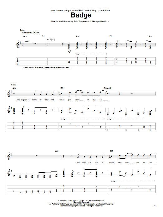 Learn to play Cream Badge sheet music for Guitar Tab in minutes. Price: 7.8900$ Cream Badge sheet music notes and chords arranged for Guitar Tab
