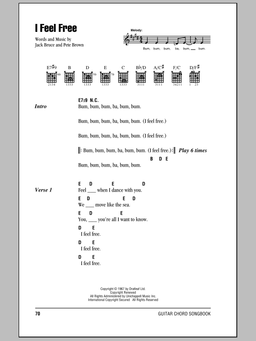 Cream I Feel Free sheet music notes and chords. Download Printable PDF.