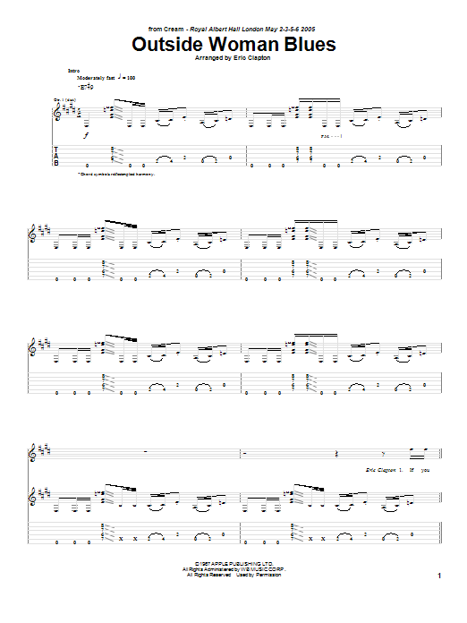 Cream Outside Woman Blues sheet music notes and chords. Download Printable PDF.