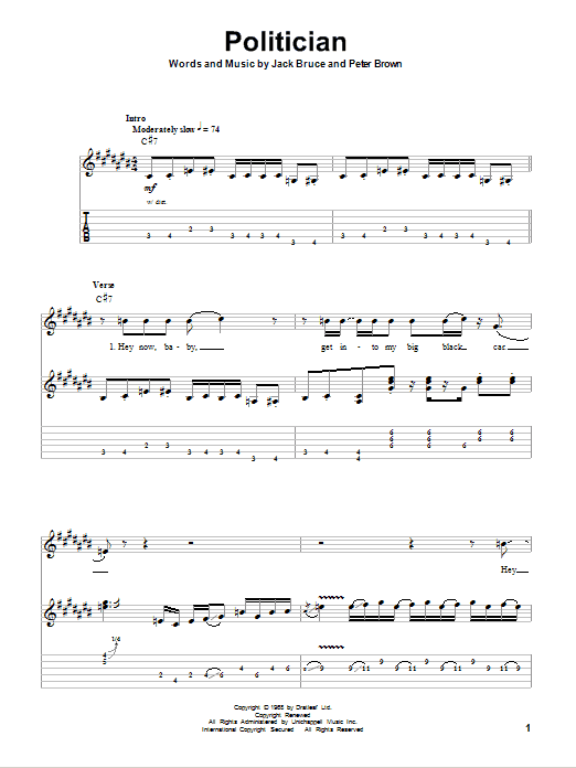 Cream Politician sheet music notes and chords. Download Printable PDF.