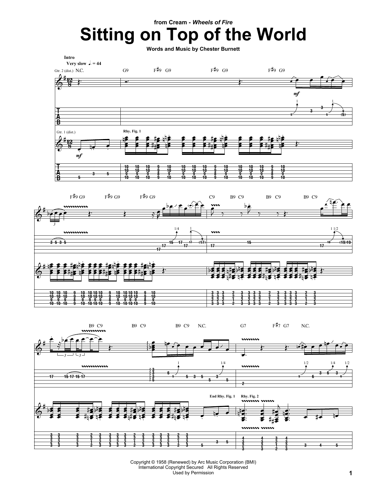 Cream Sitting On Top Of The World sheet music notes and chords. Download Printable PDF.