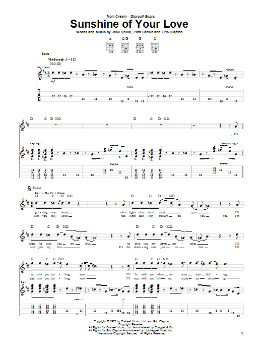 Cream Sunshine Of Your Love sheet music notes and chords arranged for Easy Bass Tab