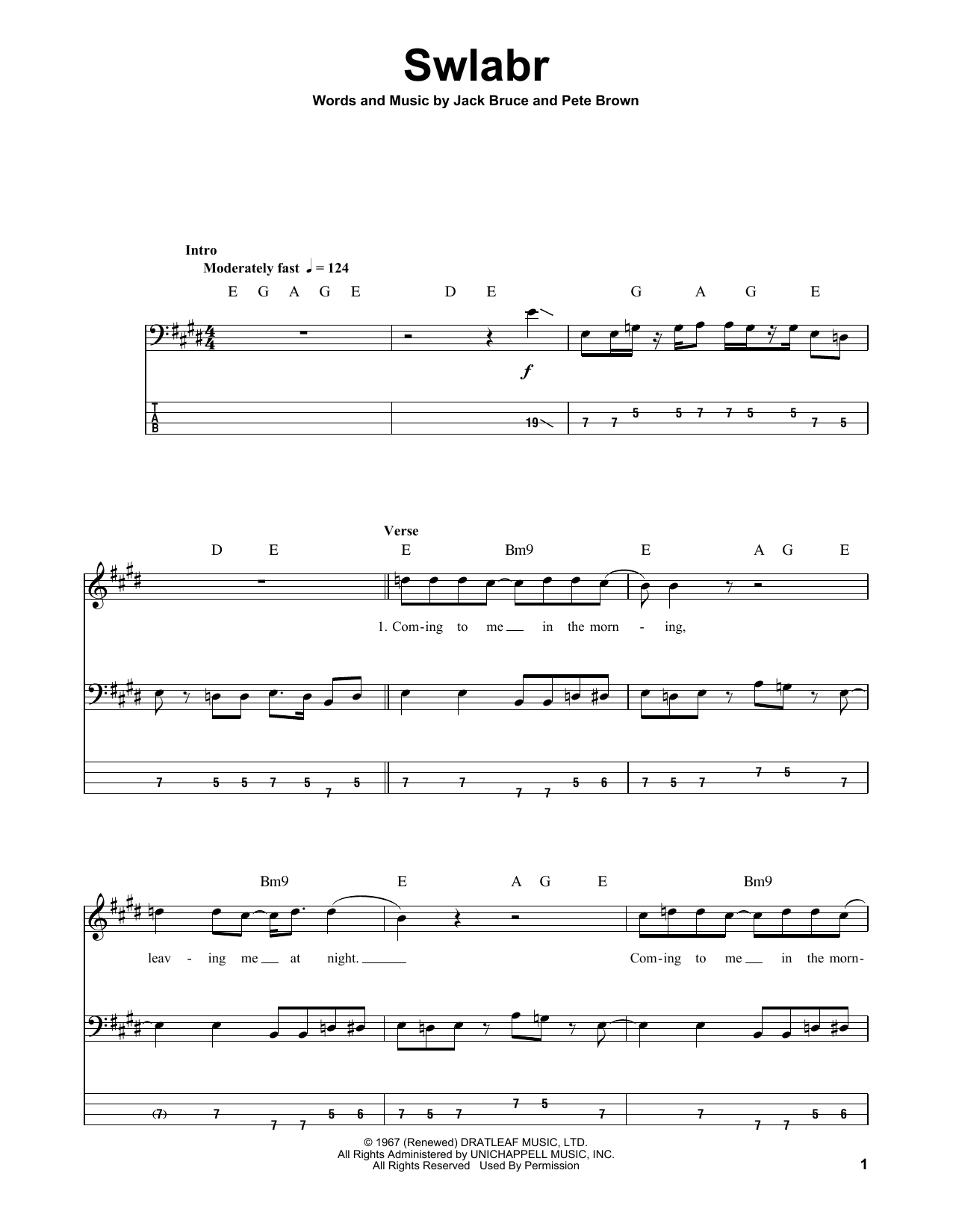 Cream Swlabr sheet music notes and chords. Download Printable PDF.