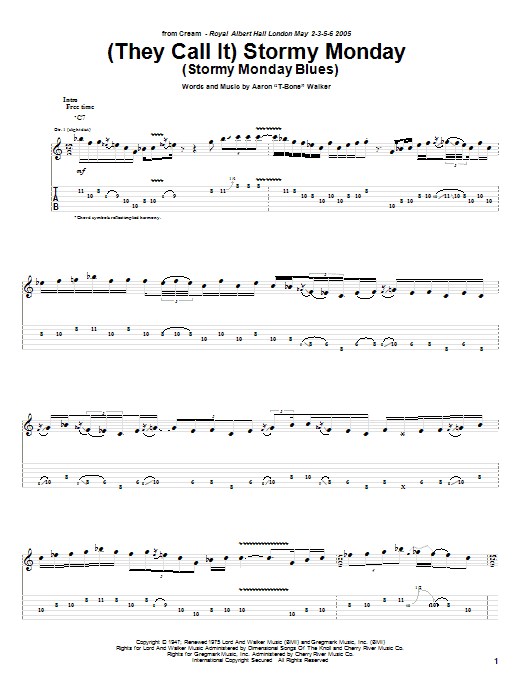 Cream (They Call It) Stormy Monday (Stormy Monday Blues) sheet music notes and chords. Download Printable PDF.