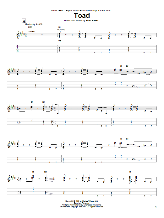 Cream Toad sheet music notes and chords arranged for Guitar Tab