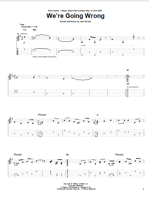Learn to play Cream We're Going Wrong sheet music for Guitar Tab in minutes. Price: 7.8900$ Cream We're Going Wrong sheet music notes and chords arranged for Guitar Tab