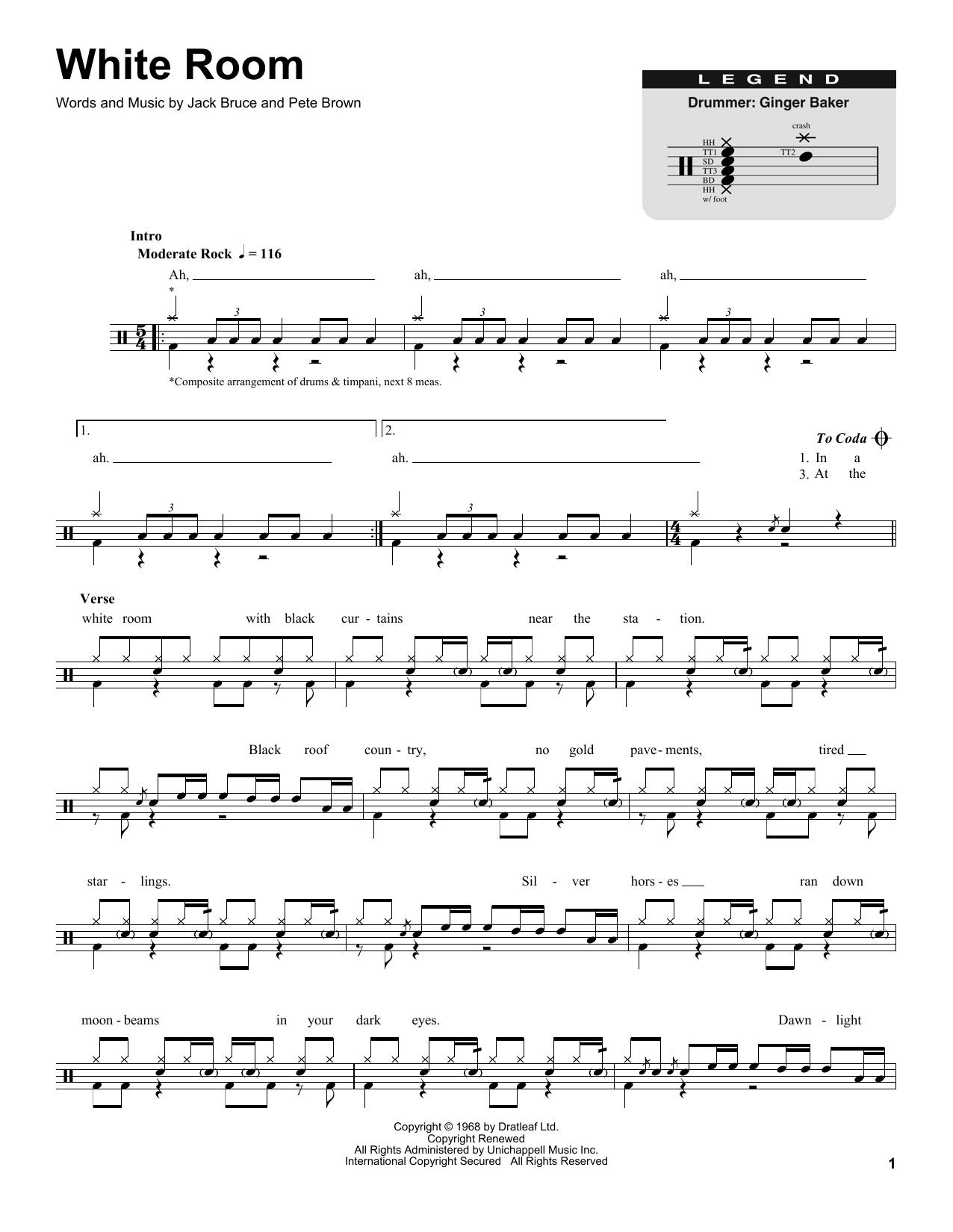 Cream White Room sheet music notes and chords. Download Printable PDF.