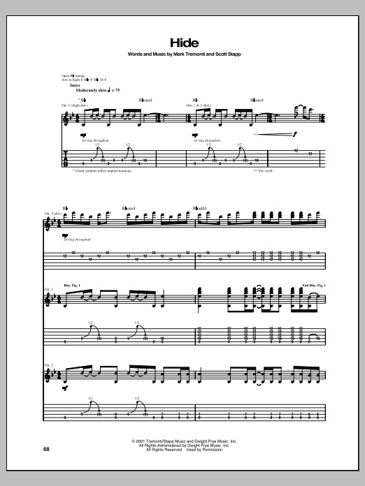 Creed Hide sheet music notes and chords arranged for Guitar Tab