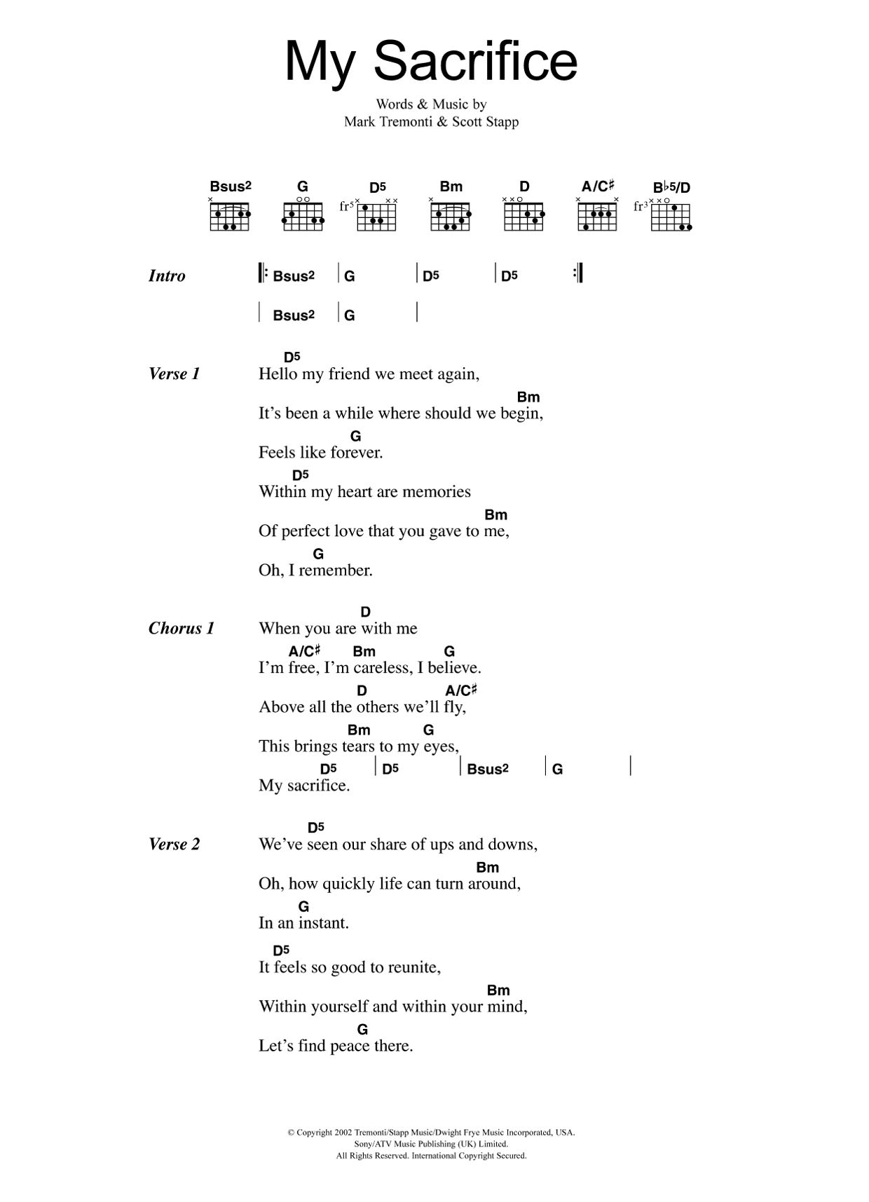 Creed My Sacrifice sheet music notes and chords. Download Printable PDF.