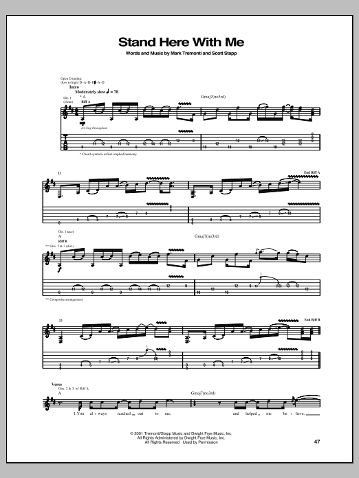 Creed Stand Here With Me sheet music notes and chords arranged for Guitar Tab