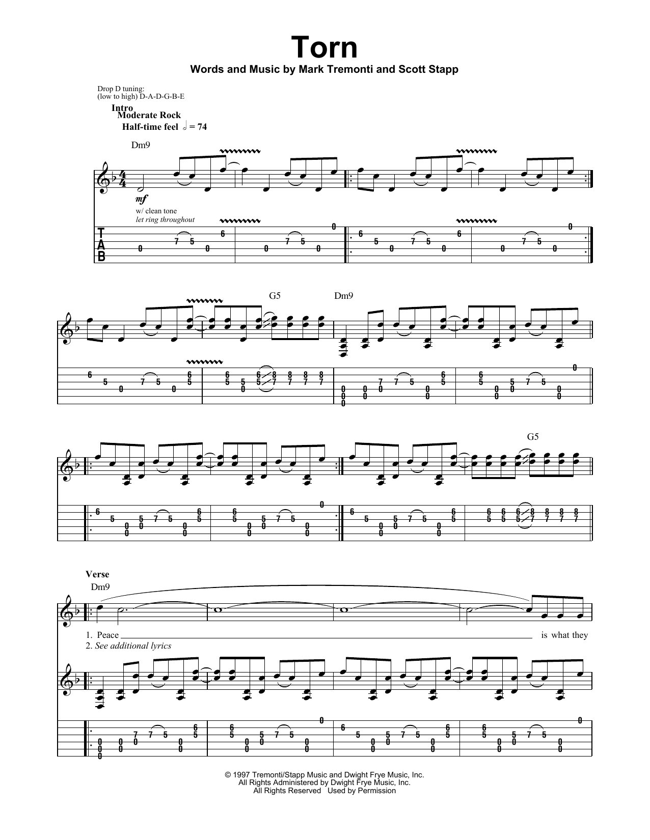 Creed Torn sheet music notes and chords. Download Printable PDF.