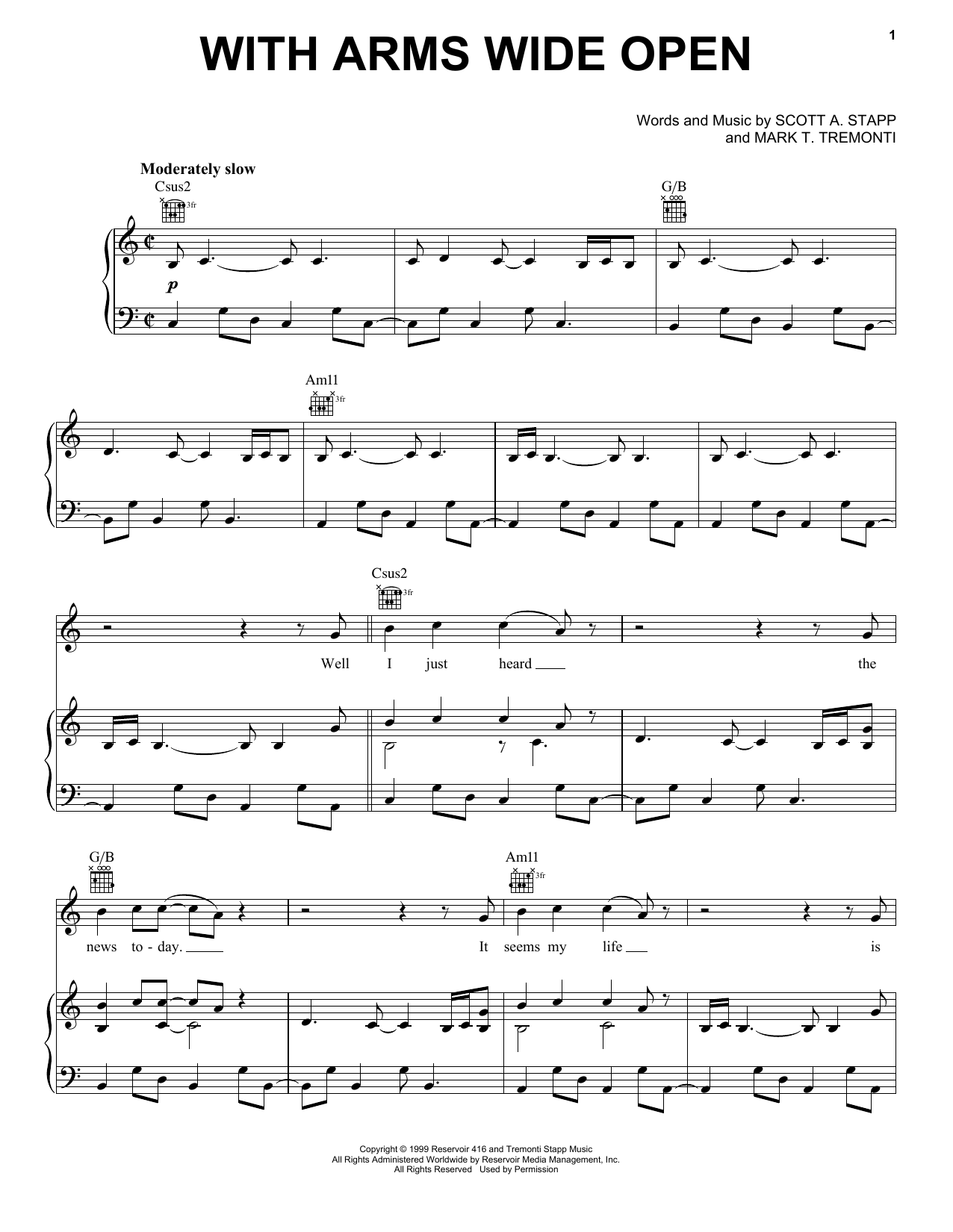 Creed With Arms Wide Open sheet music notes and chords. Download Printable PDF.